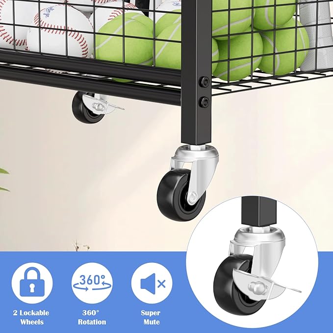 OYEAL Freestanding Ball Rack with Wheels Garage Basketball Storage Cart Outside Sports Equipment Organizer Ball Holder with Storage Baskets for Basketball, Soccer, Volleyball, Football, Black