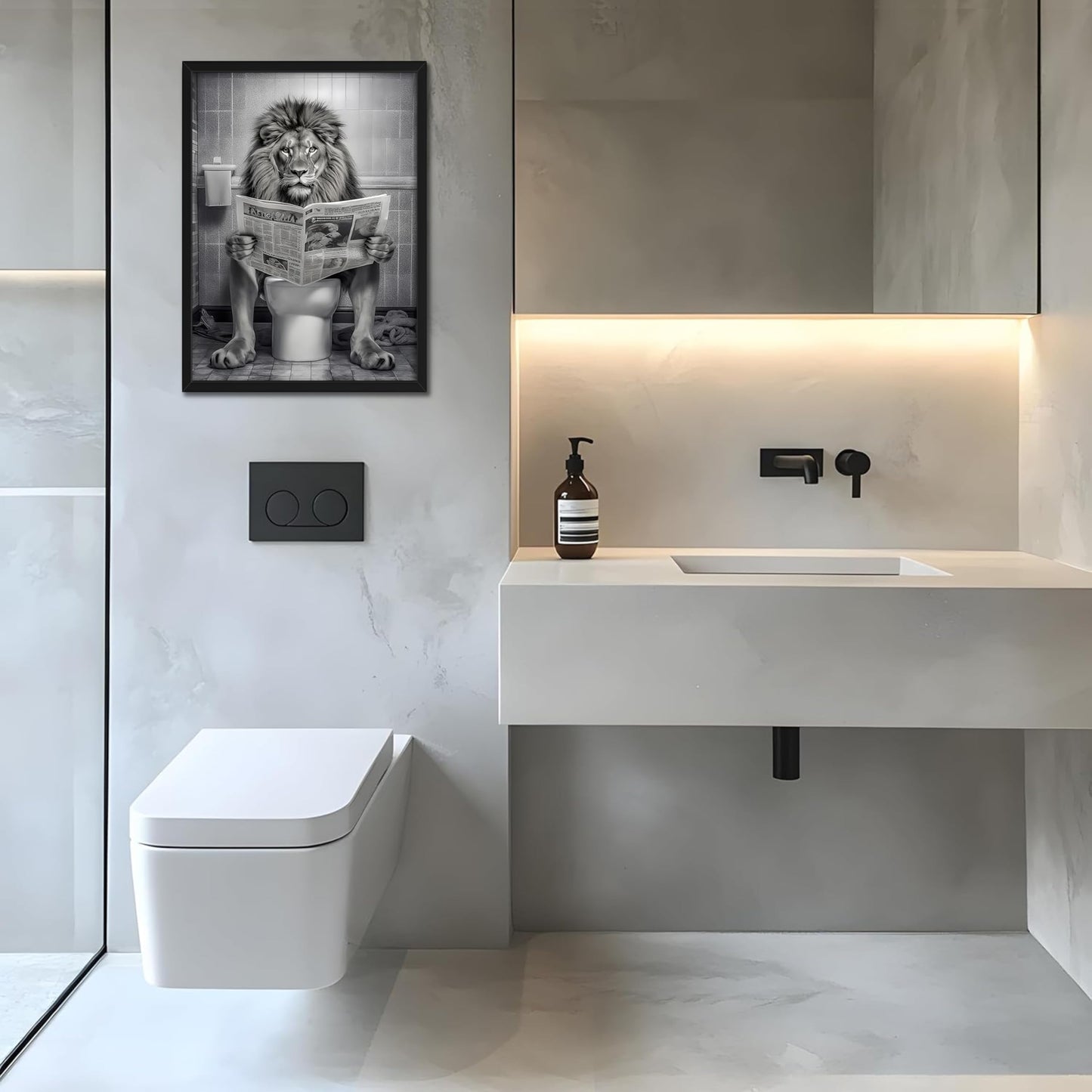 Funny Lion Bathroom Wall Art, Black and White Lion in Toilet Wall Decor, Humorous Animal Restroom Poster Canvas Painting Prints Artwork 8x10 inch Framed