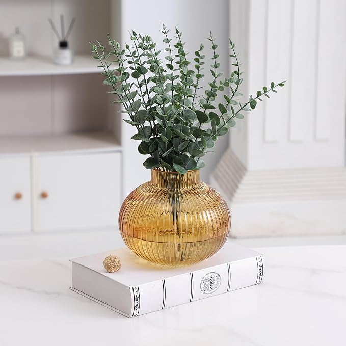 Amber Glass Vase for Tulips, Ribbed Glass Vase for Flowers, Round Flower Vases, Small Short Vases for Living Room, Office, Coffee Table, Shelf, Wedding, 6 Inches