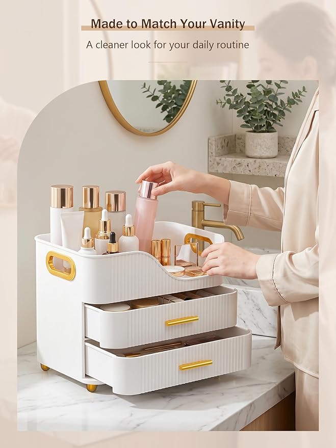 Booklov Countertop Makeup Organizer with Drawers, 3 Tier Large Cosmetic Storage Box for Vanity, Bathroom Counter, Dresser, Skincare Display Case for Lipsticks, Beauty Palettes, Teen Girl Gifts, White