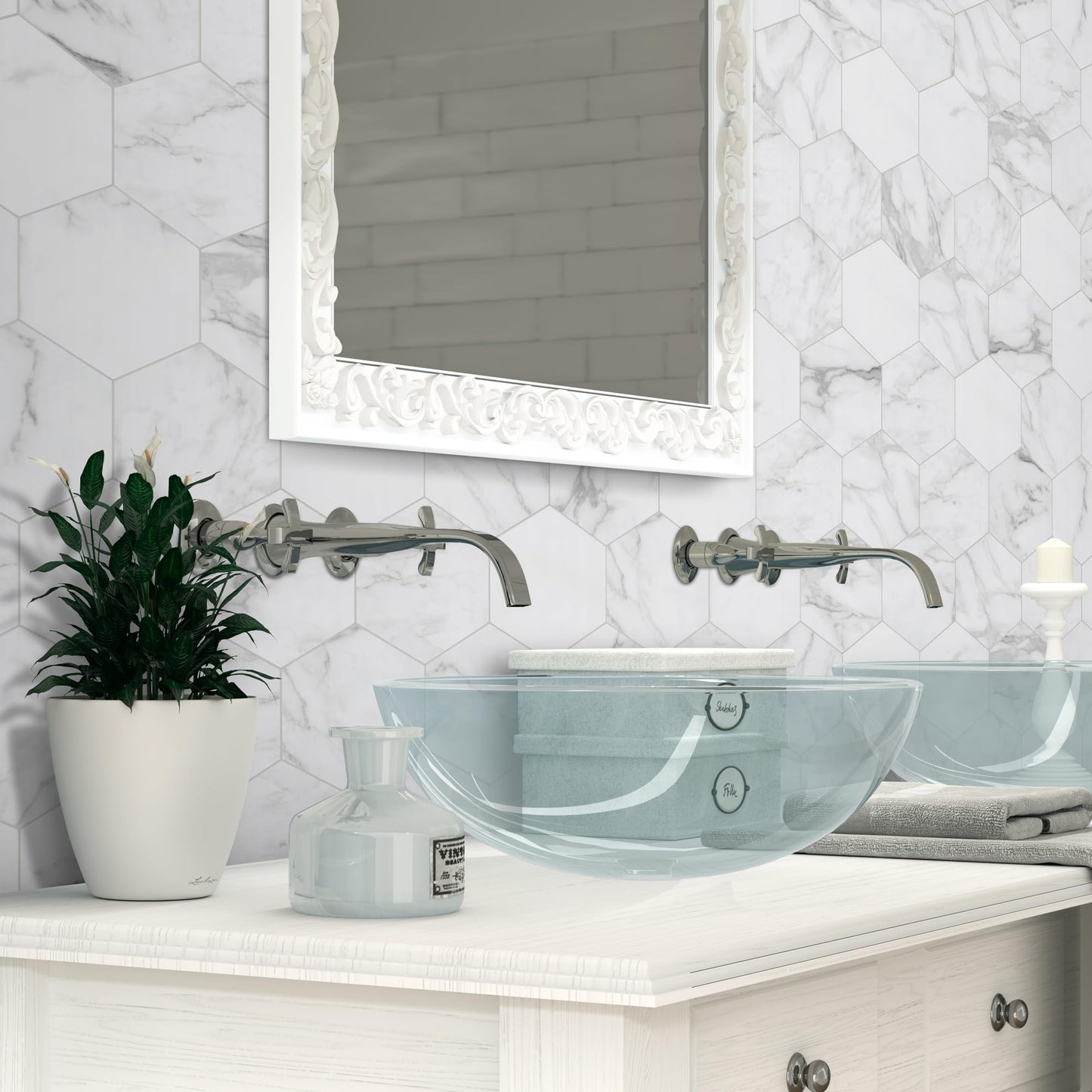 INNO STICKERS 45-Sheet Hexagon Peel and Stick Backsplash, 6" x 7" White Calacatta Marble Looks Self Adhesive Wall Tile, Stone Composite Stick on Decorative Mosaic Tile for Kitchen Bathroom Fireplace