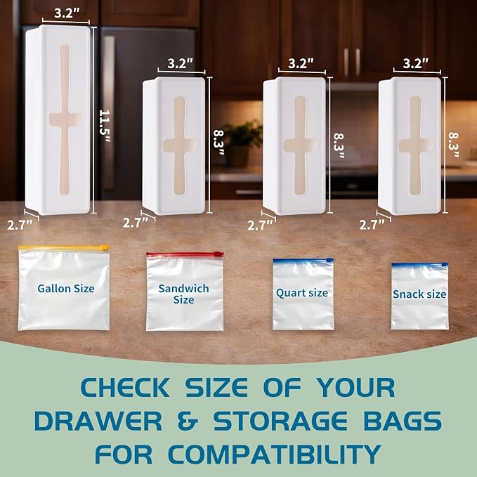 Storage Bag Organizer for Kitchen- Baggie Drawer Organizer & Plastic Food Storage Bags Holder- Compatible with Gallon, Quart, Sandwich, Snack Bags, Freezer, Slider Bags-4 Separate Pieces White