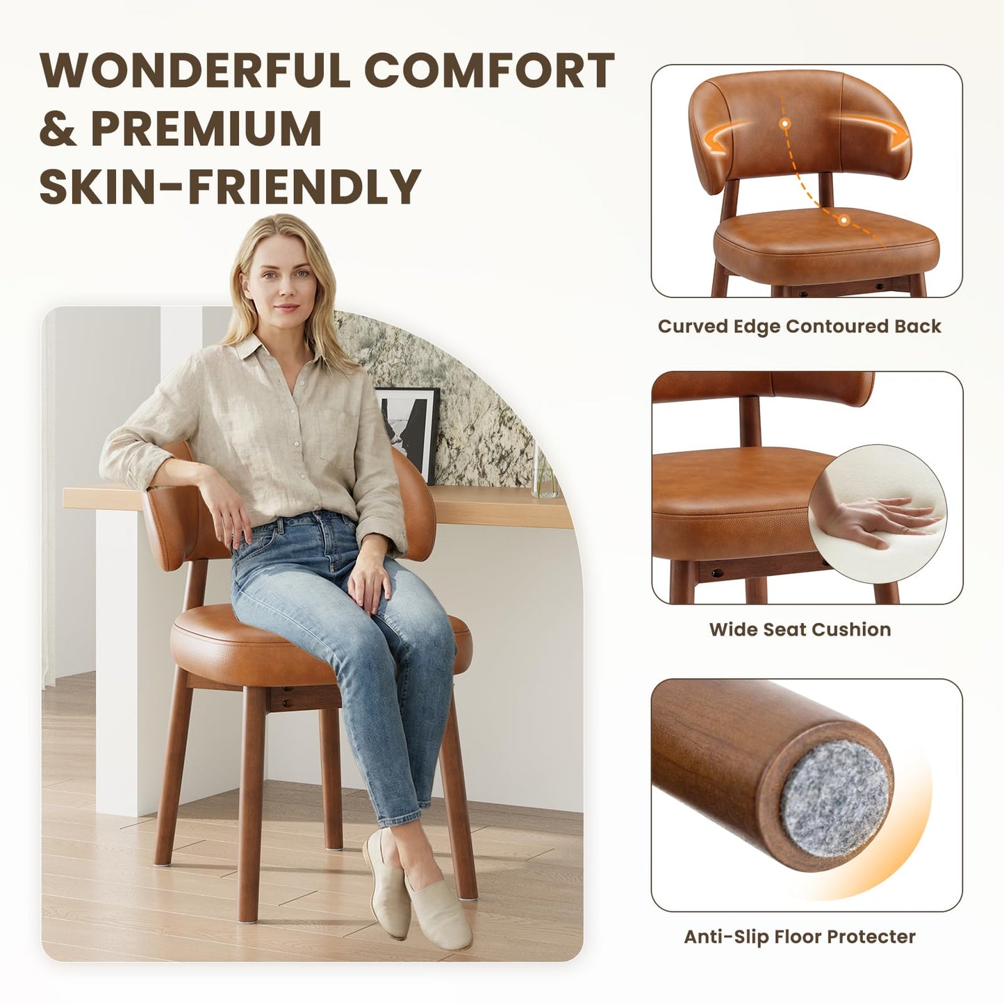 MALOL Wooden Dining Chairs Set of 6, Modern Upholstered Dining Room Chair, PU Leather Kitchen Side Chairs with Curved Open Back for Living Room/Restaurant/Cafe, Brown