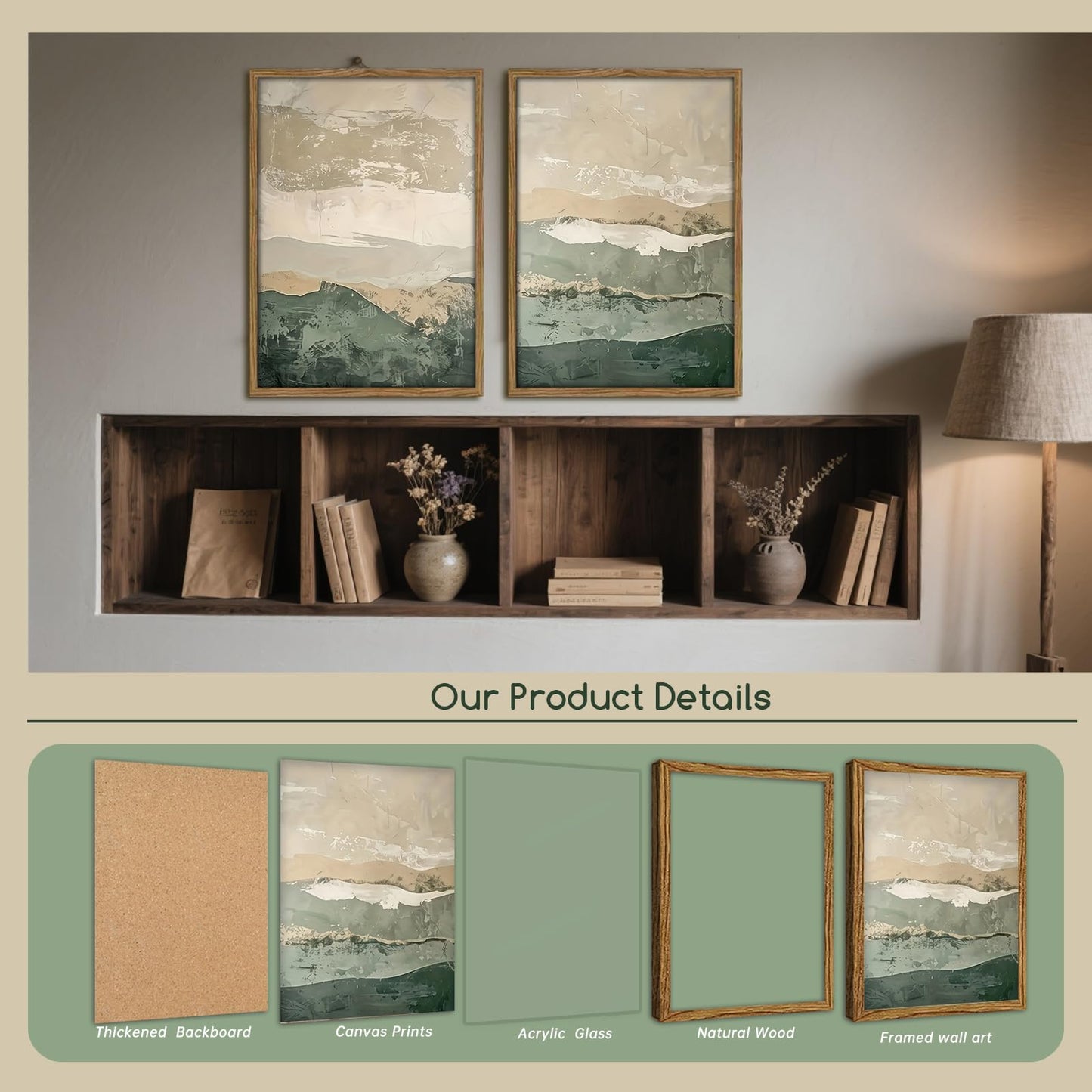 Framed 2Pcs Green Abstract Wall Art with Wood Frame Rustic Landscape Canvas Print Earth Tones Farmhouse Painting Picture Wall Decor for Living Room Bedroom Office12x16 Inches