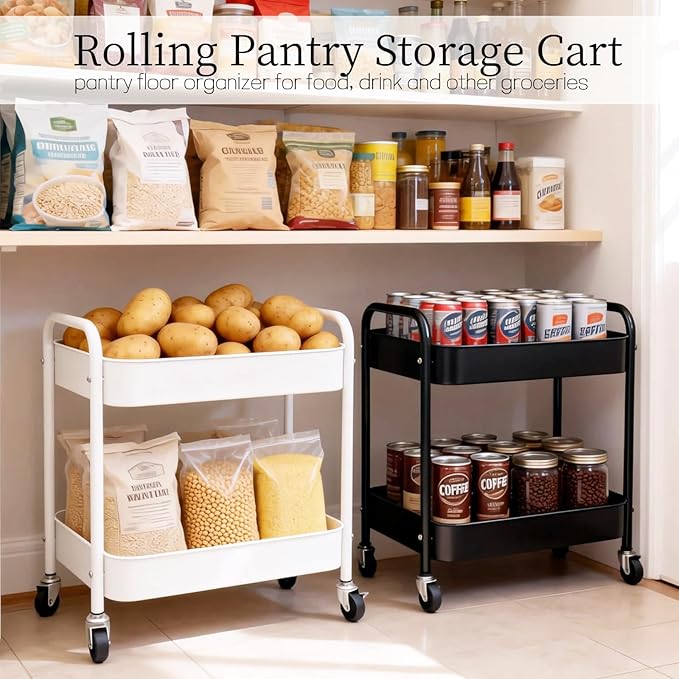 Under Desk Storage Cart 2 Tier Utility Rolling Cart with Wheels, Small Metal Mobile Trolley with Handle Two Tiered Utility Organizer Roller for Kitchen Office Bathroom Pantry Room, White