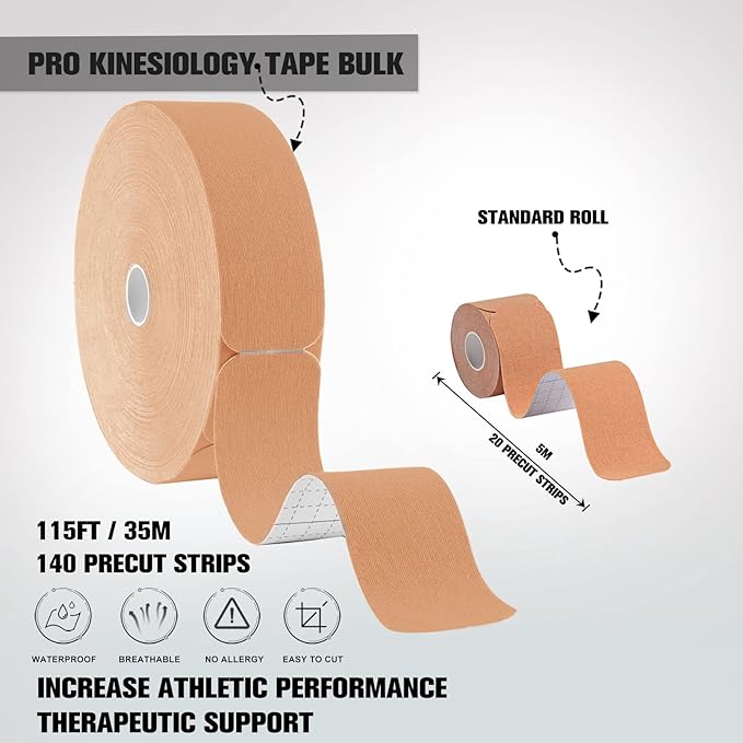 Pro Kinesiology Tape Precut Bulk, 115Ft Athletic Tape for Muscle Joint Support, 140 Strips for Knee Wrist Back Shoulder, Beige