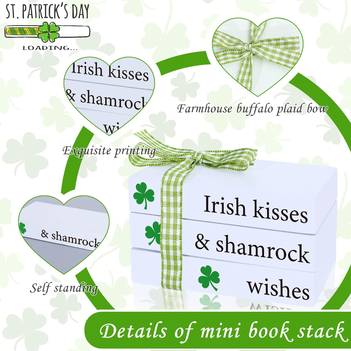 Whaline Mini Happy St. Patrick's Day Wooden Books Stack with Ribbon 2Pcs Shamrock Faux Books Bundle Green White Stacked Books Tabletop Centerpieces for Irish Farmhouse Tiered Tray Entryway Home Decor