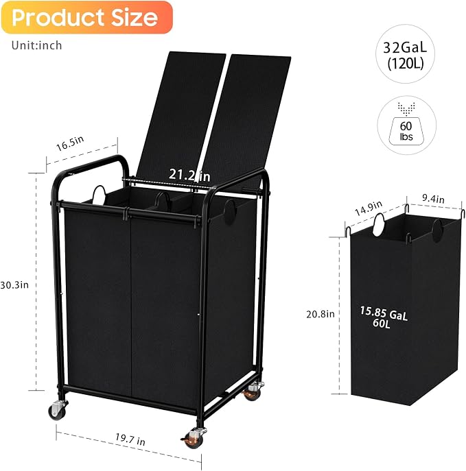 120L (31.7 Gal) Laundry Sorter 2 Section, Rolling Laundry Basket with Lockable Wheels and Lid, Laundry Hamper with 2 Separated Removable Bags Dirty Clothes Hamper for Laundry Room Organizer, Black