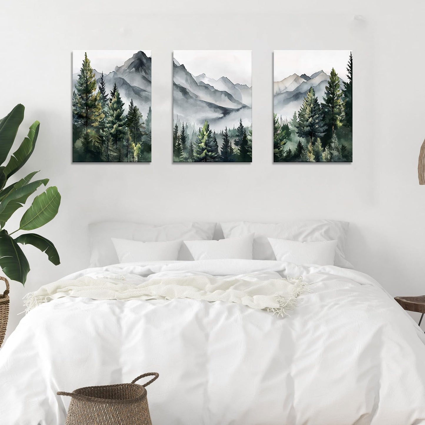 WANGTIAO 3 Panels Framed Canvas Wall Art for Living Room, Abstract Mountain Forest Views Ink Wall Decor for Dedroom Office Wall Paintings Green Landscape Art Prints Pictures Ready to Hang 12"x16"x3