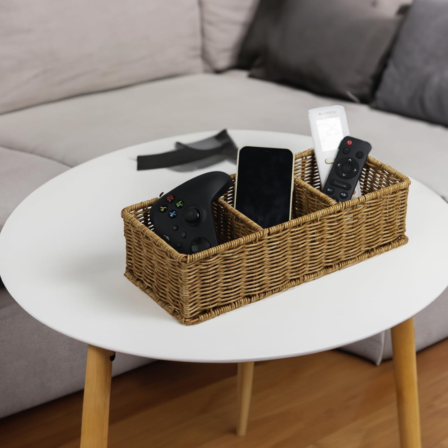 Waterproof Wicker Basket With 3 Compartments, Hand Woven Bathroom Counter Organizer, Small Storage Basket for Toilet Paper Storage, Countertop Shelf Toilet Tank (Light Brown)