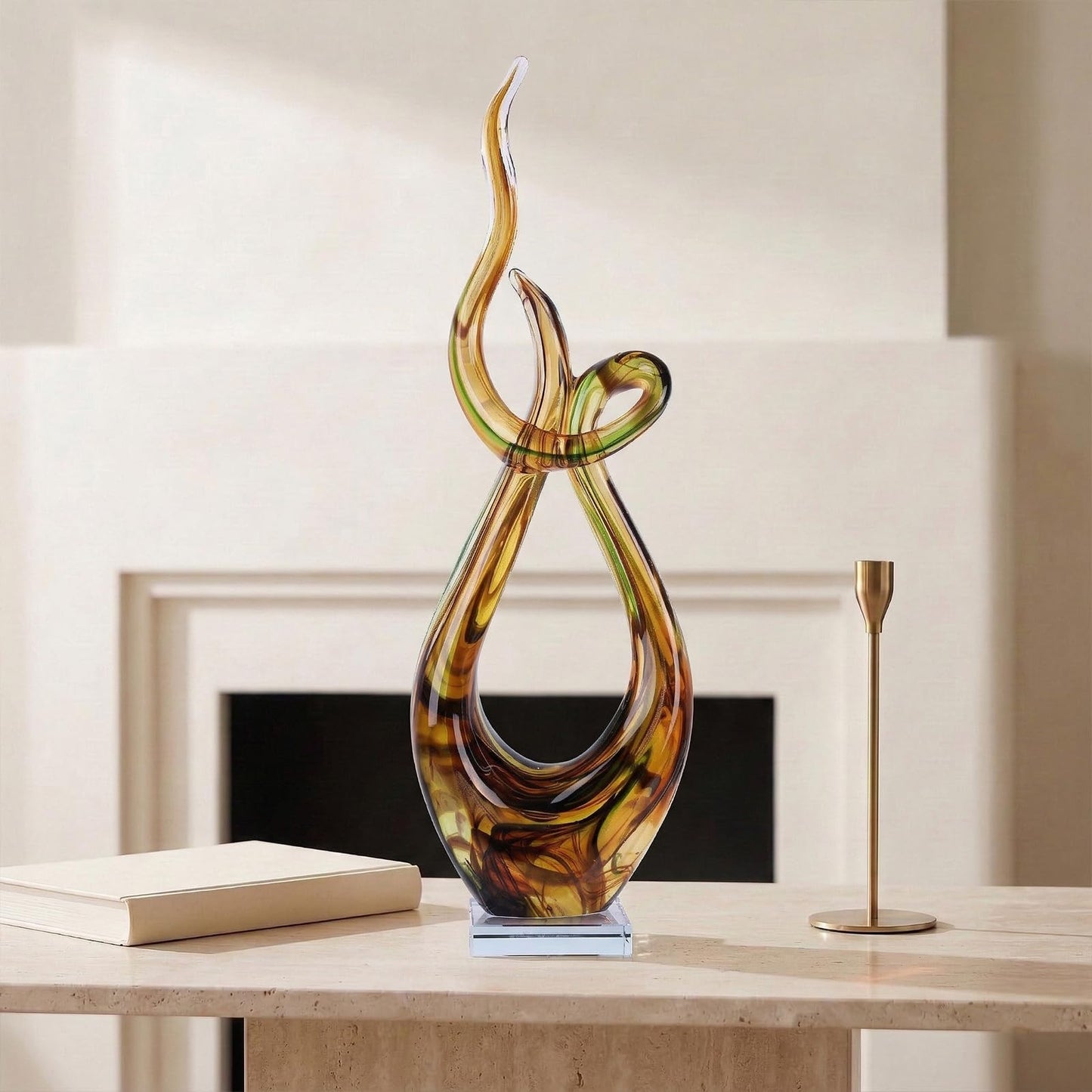 LCCCK 21.7in Tall Abstract Glass Sculpture Knot Spiral Statue, Amber Hand Blown Glass Art Decor for Home Living Room Bedroom Shelf Mantel Tabletop Display Decorative Figurine