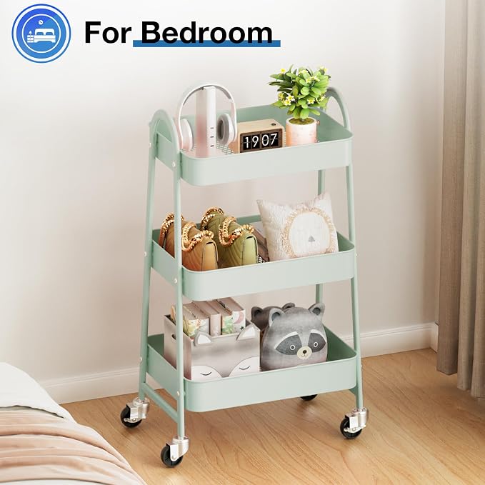 OLIXIS Metal Utility Cart, Mobile Rolling Storage Shelf with Lockable Caster Wheels, Organization for Livingroom, Bathroom & Narrow Places, 3 Tiers Green