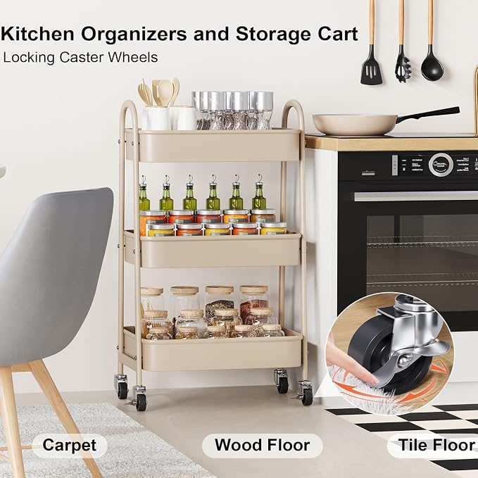 Beige 3 Tier Rolling Cart Metal on Wheels, Three Tiered Storage Organizer Utility Trolley with Wheels for Art, Craft, Baby Diaper Caddy, Snack, Book, Nail, Lash, Cleaning Supplies, Kitchen, Bathroom