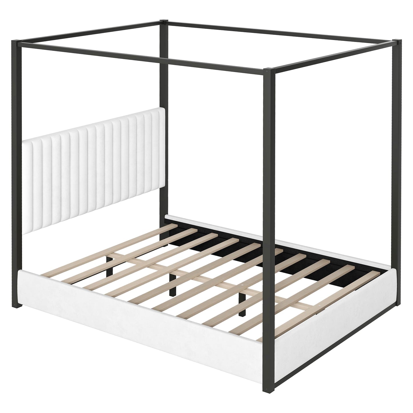 LUMISOL Queen Size Metal Canopy Bed Frame, Black 4 Poster Bed with Tall Upholstered Headboard, Upholstered Low Profile Canopy Platform Bed with Slats Support, No Box Spring Needed, Black + White