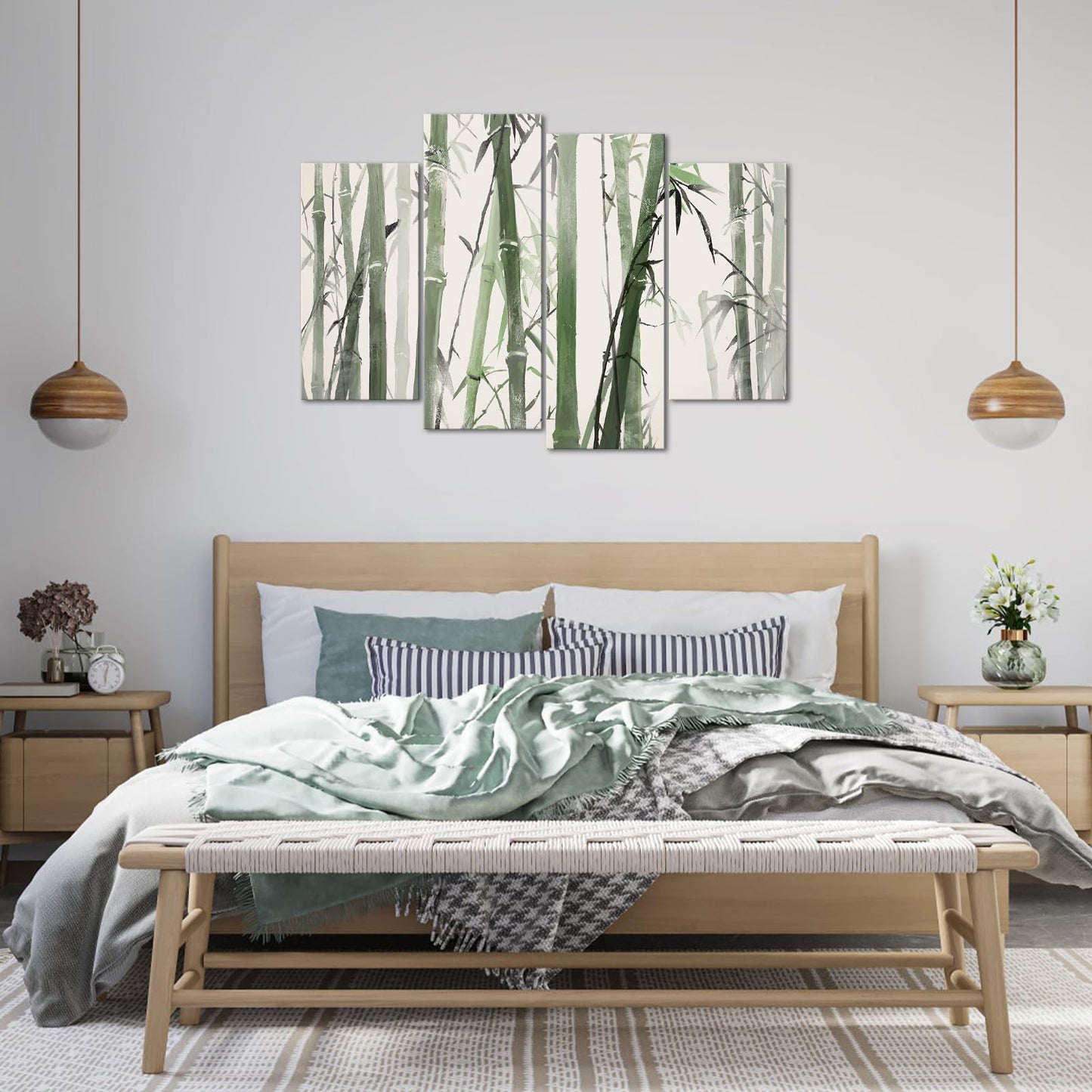 Biuteawal 4 Panels Bamboo Canvas Wall Art Chinese Painting of Bamboo Forest Nature Picture Print Green Zen Artwork for Meditation Spa Yoga Room Bedroom Decor Ready to Hang