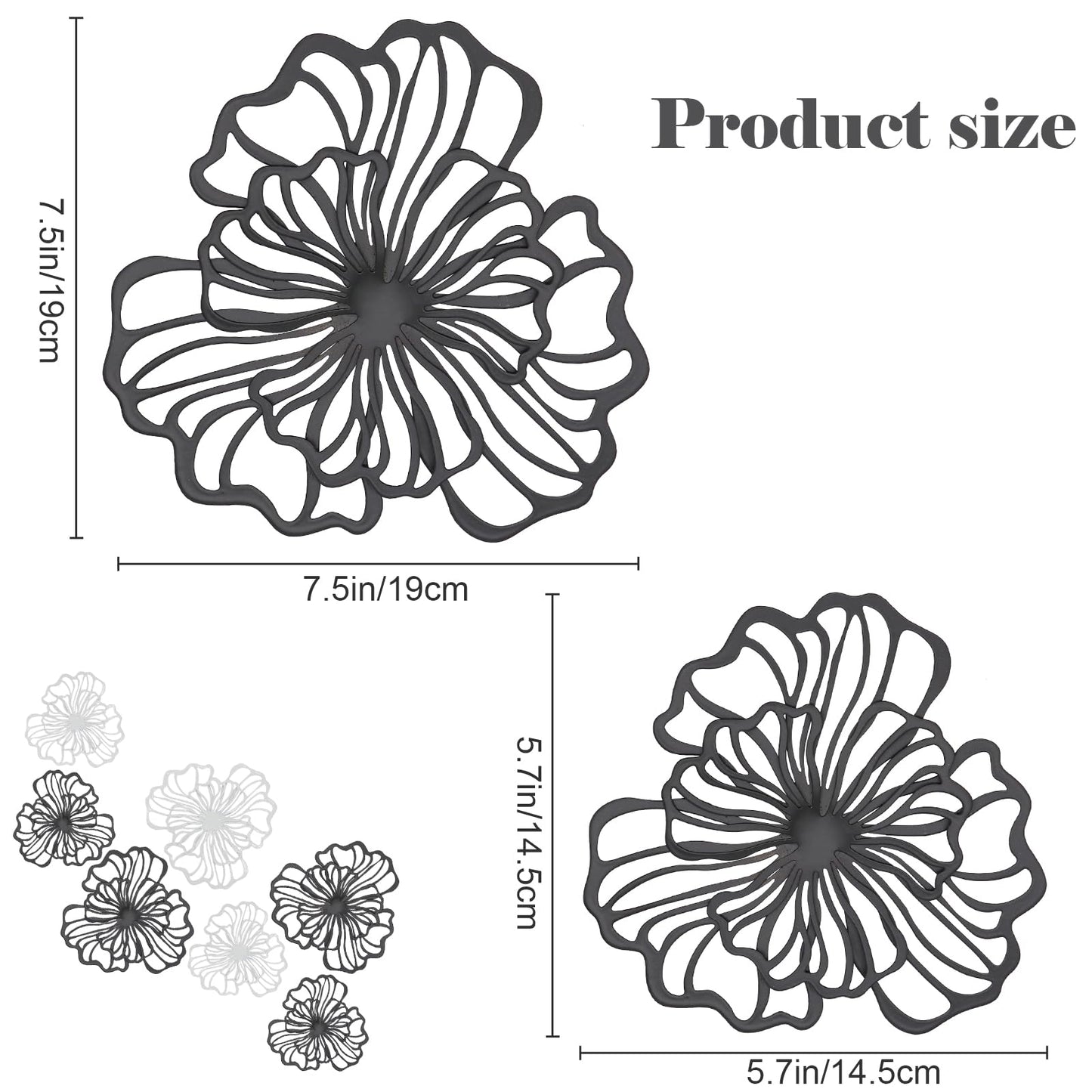 7 Piece Metal Wall Decor for Living Room, Boho Double Layered Iron Flower Wall Hanging Art, Aesthetic Indoor Metal Wall Sculpture Decor for Bedroom Kitchen Bathroom Farmhouse Home Office, Black-White