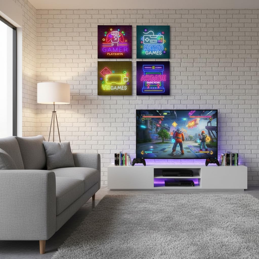 BLINFEIRU Game Room Decor Wall Art Video Gaming Pictures Canvas Prints 4 Piece Cool Pop Gaming Posters for Teen Room Boys Bedroom Framed Ready to Hang 12"x12"x4