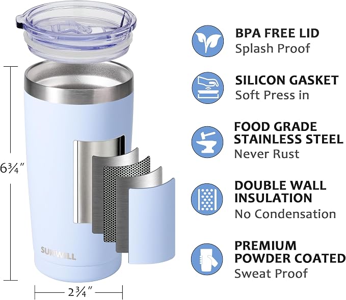 SUNWILL Travel Coffee Tumbler 20 oz, Insulated Mug with Lid, Stainless Steel Cup for Hot and Cold Drinks, Powder Coated Iceberg