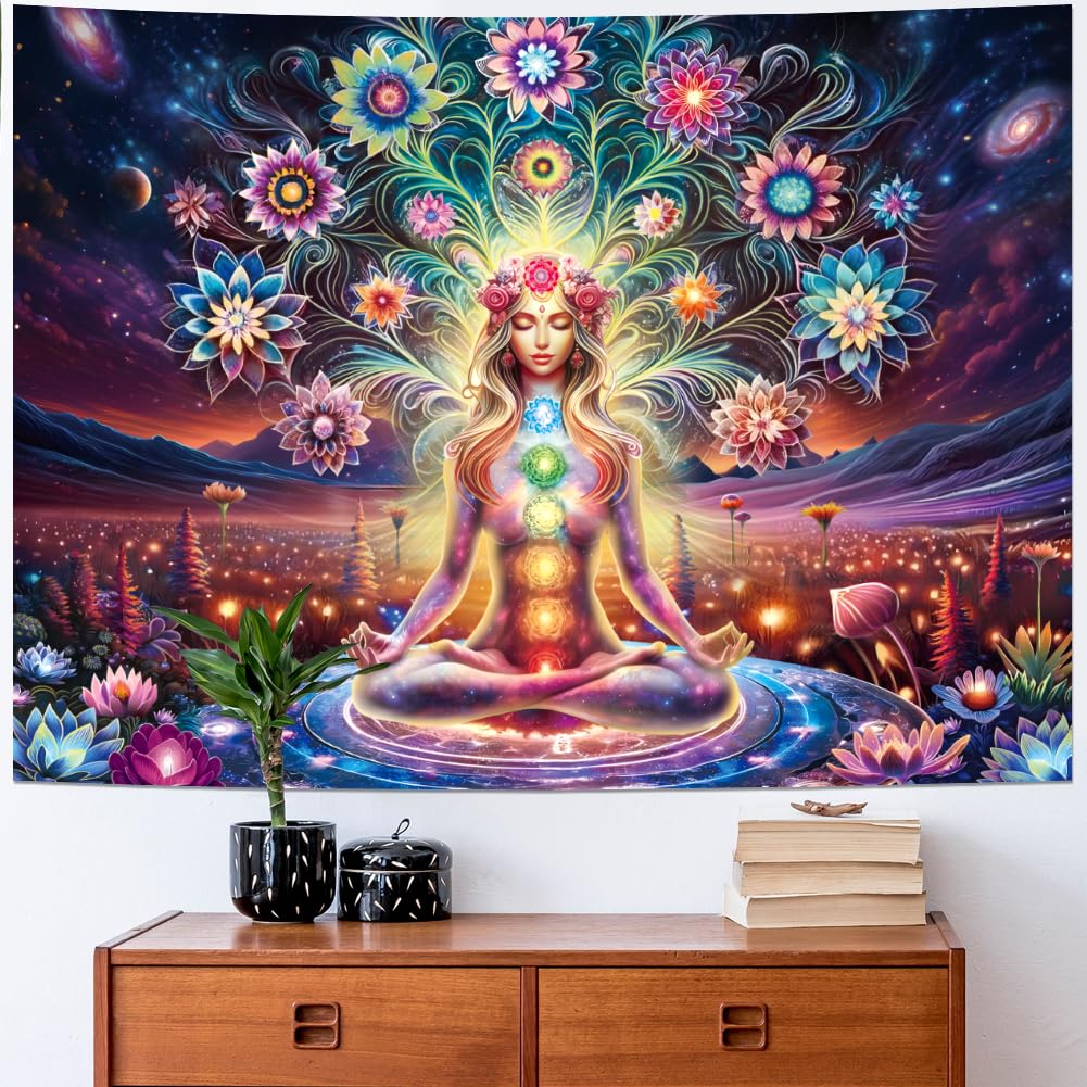 Dermijer Blacklight Seven Chakra Yoga Meditation Tapestry Flower Chakra Tapestries Galaxy Space Planet Tapestry UV Reactive Lotus Spiritual Tapestries Wall Hanging for Home Decor 59.1L x 51.2W