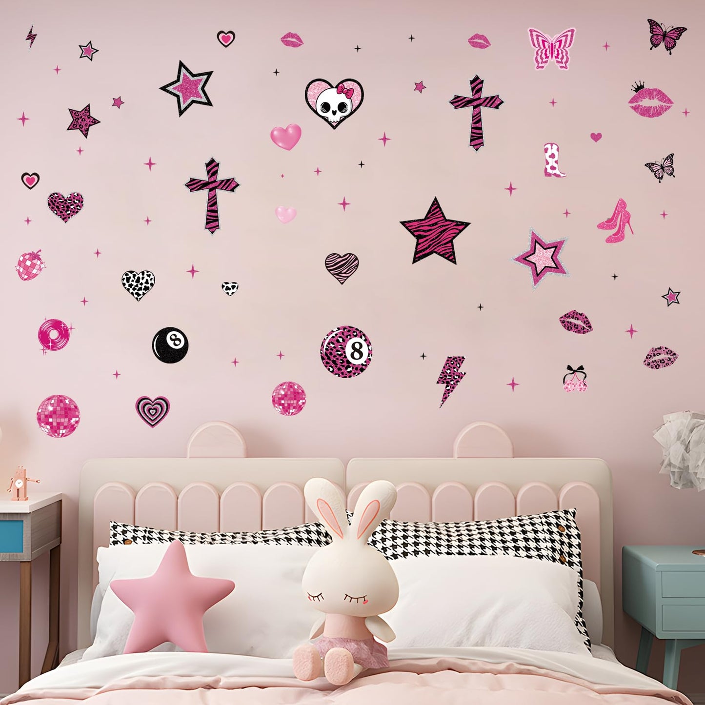 Wxiben Aesthetic Y2K Room Decor - 200 Pcs 2000s Mcbling Wall Decals Hot Pink Walls Stickers Decor for Room Y2K Star Baddie Peel and Stick Wall Decals for Home Bedroom Living Classroom Apartment Dorm