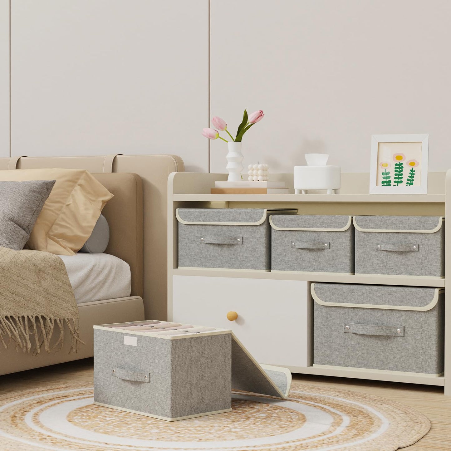 ENUMAIL Storage Boxes, Collapsible Storage Bins with Lids, Cotton and linen cloth Storage Baskets with Handle, for Books, Closet, Bedroom, Home, 10.2x7.9x6.7 in, Grey