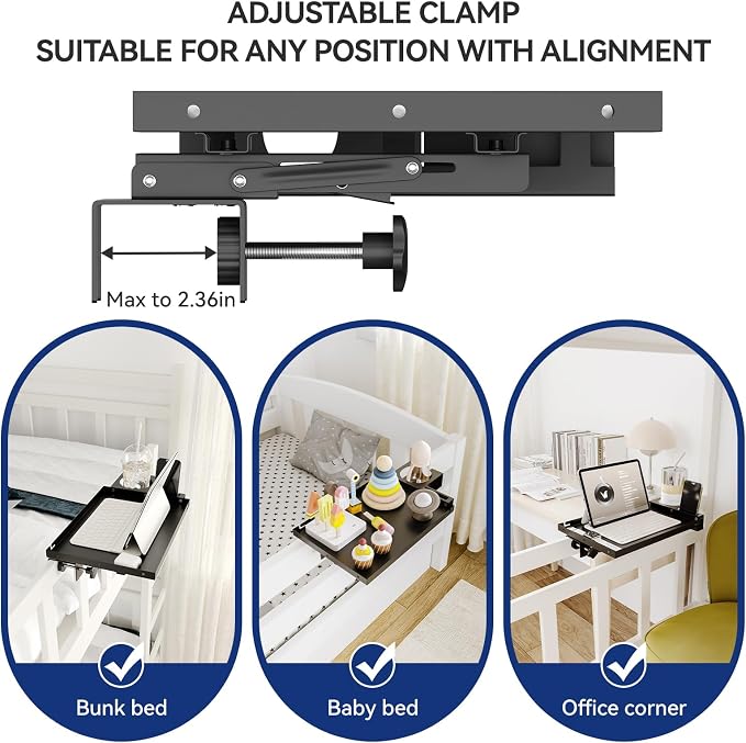 Metal Bedside Shelf Table Tray with Cup Holder, Foldable Bed Side Table for Bunk Bed & Top Bunk, College Dorm Room Essentials for Guys & Girls, Clip-on Laptop Nightstand for IKEA Beds, Black