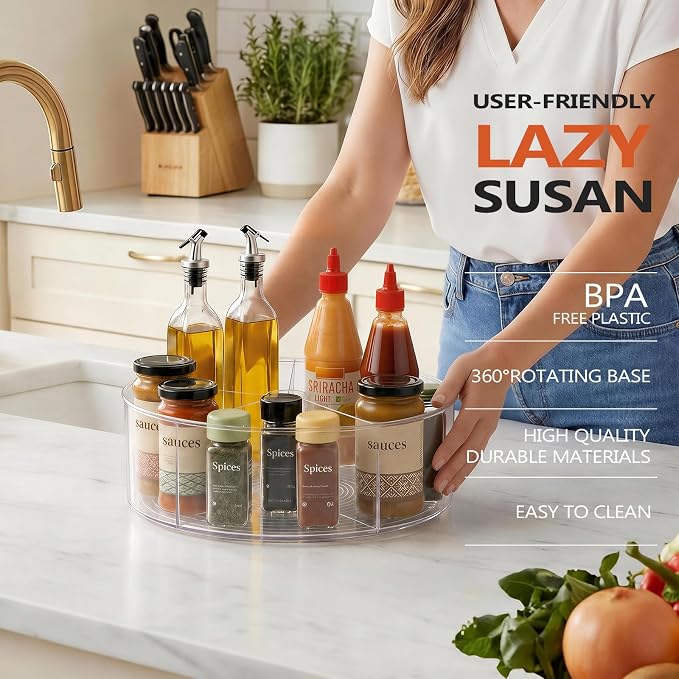Divided Lazy Susan Turntable Organizer, 11.5" Clear Round Plastic Lazy Susan Turntable, Rotating Storage Container Tray for Pantry, Fridge and Kitchen