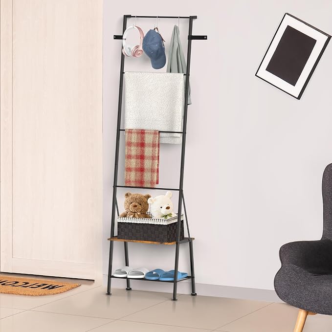 Blanket Ladder, 6-Tier Towel Holder with Shelf, Blanket Rack Freestanding, Ladder Shelf with Hooks for Towels Clothes Scarves, Standing Towel Rack for Bathroom Living Room Bedroom, Brown