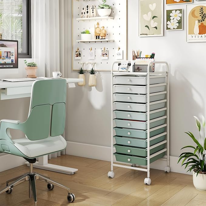 Giantex 10-Drawer Rolling Storage Cart w/Wheels, Handle, Removable Drawers, Mobile Organizer Storage Unit, Trolley Utility Cart for Home Kitchen Living Room Office Play Room, Green Gradient