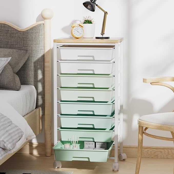 Rolling Cart with 8 Drawers, Storage Drawers Cart with Wooden Tabletop and Lockable Wheels, Craft Storage for Living Room, Office, Classroom, Craft Room, Bedroom