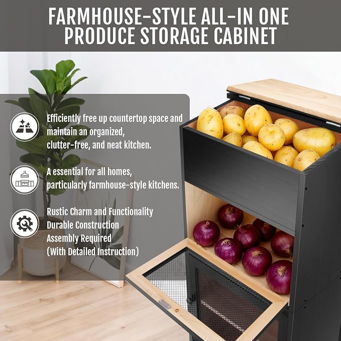Large Potato and Onion Storage Bin - Wooden Stackable Bread Storage Box with Lid & Mesh Doors, Decorative Fruit and Vegetable Organization Cabinet for Kitchen, 15.75"W x 10.7"D x 33.5"H (Black)