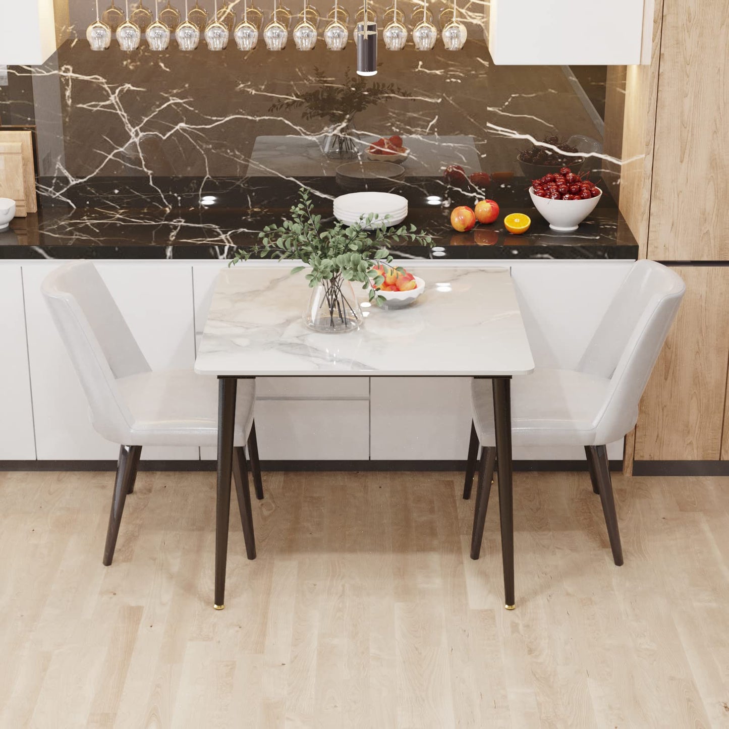 Wisfor Sintered Stone Dining Table: 32 Inch Square White Kitchen Breakfast Table with Black Metal Legs - 30 Inch High Restaurant Table for 4