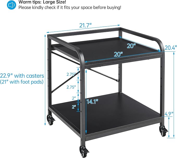 Fannova 2 Tier Under Desk Printer Stand with Storage, 20 Inches Deep Large Printer Table with Height Adjustable Shelf, Rolling Printer Cart with Wheels for Home Office - Black