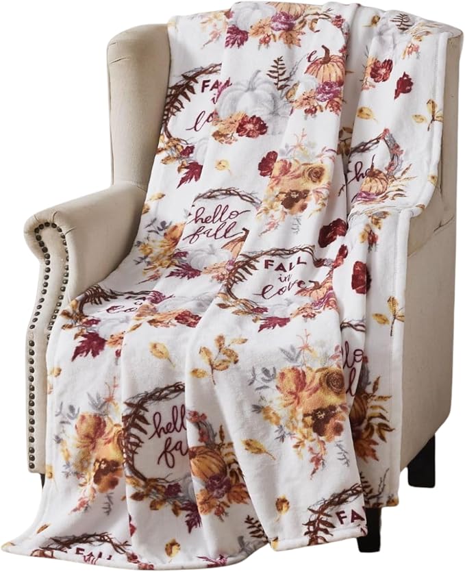 Serafina Home Fall Fleece Throw Blanket: Soft Harvest Hello Fall Pumpkin Floral Design, Autumn Colors on White, 70" x 50"