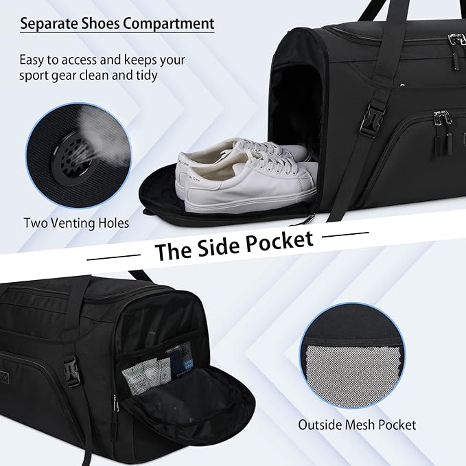 Gym Duffle Bag for Women Men 55L Waterproof Sports Bags Travel Duffel Bags with Shoe Compartment,Wet Pocket Large Weekender Overnight Bag with Toiletry Bag,Black
