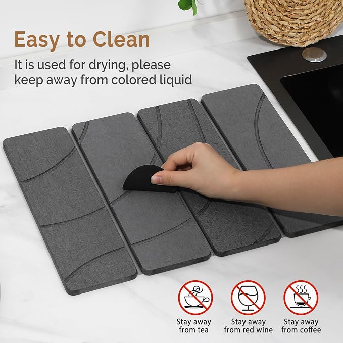 Small Stone Dish Drying Mat for Kitchen Counter, 2 PCS 16"×12" & 8"x4" Quick Dry Stone Mats, Foldable Water Absorbing Diatomite Drying Dish Pad for Countertop Bottles Utensils Cups(Carved Gray)