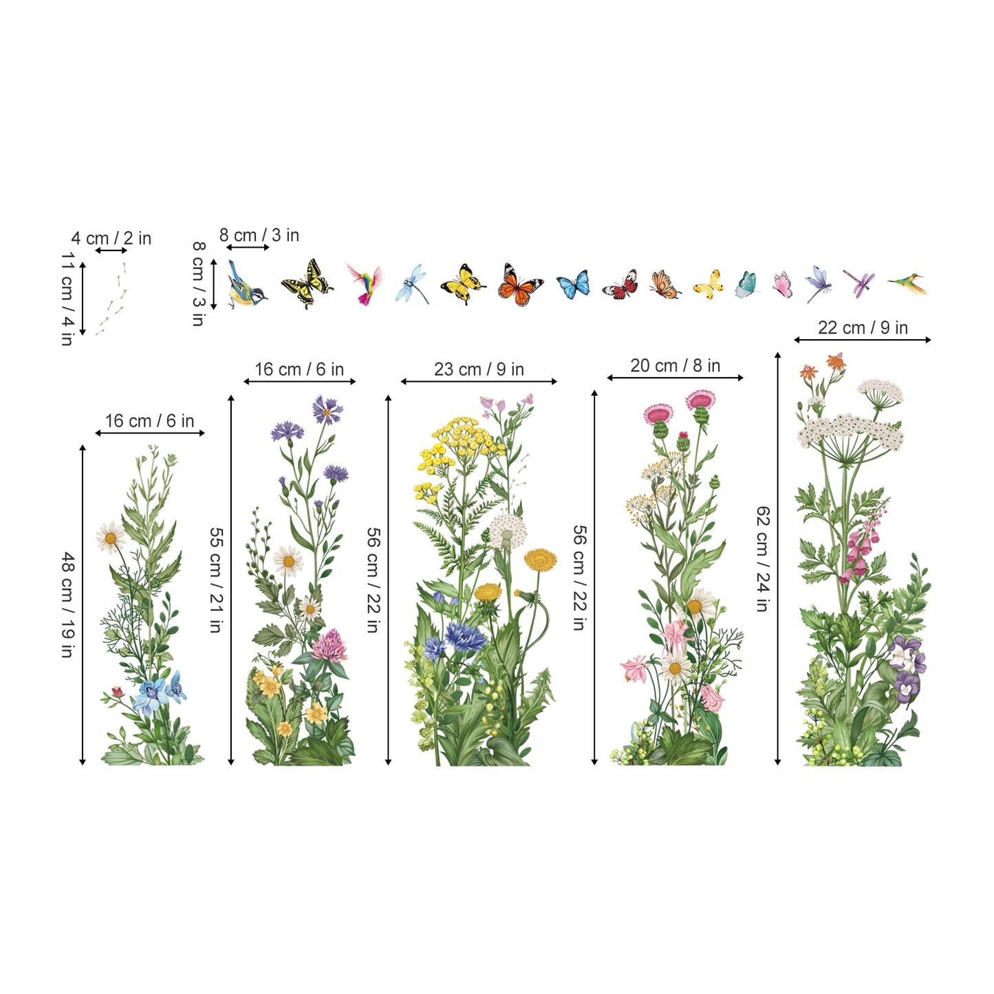 wondever Spring Summer Wild Flowers Window Clings Vintage Wildfloral Butterflies Glass Sticker Decal Anti Collision Double-Side Static Window Stickers for Home Glass Window