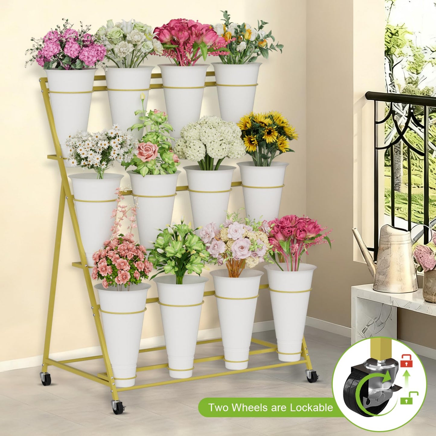 NEYCIL Flower Stand, 3 Tier Flower Display Stand with 12 Buckets, Upgrade Double Circle No Shaking, Outdoor Flower Cart with Wheels for Patio, Garden, Shop, Wedding, Party, Exhibition, Indoor, Gold