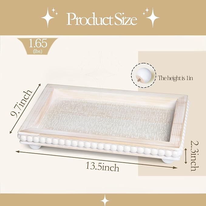 Decorative Coffee Table Tray, 13.5 x 9.7 Inch White Washed Wooden Beaded Tray with Removable Legs, Rustic Farmhouse Rectangular Tray for Coffee Table, Kitchen Counter and Vanity Decor