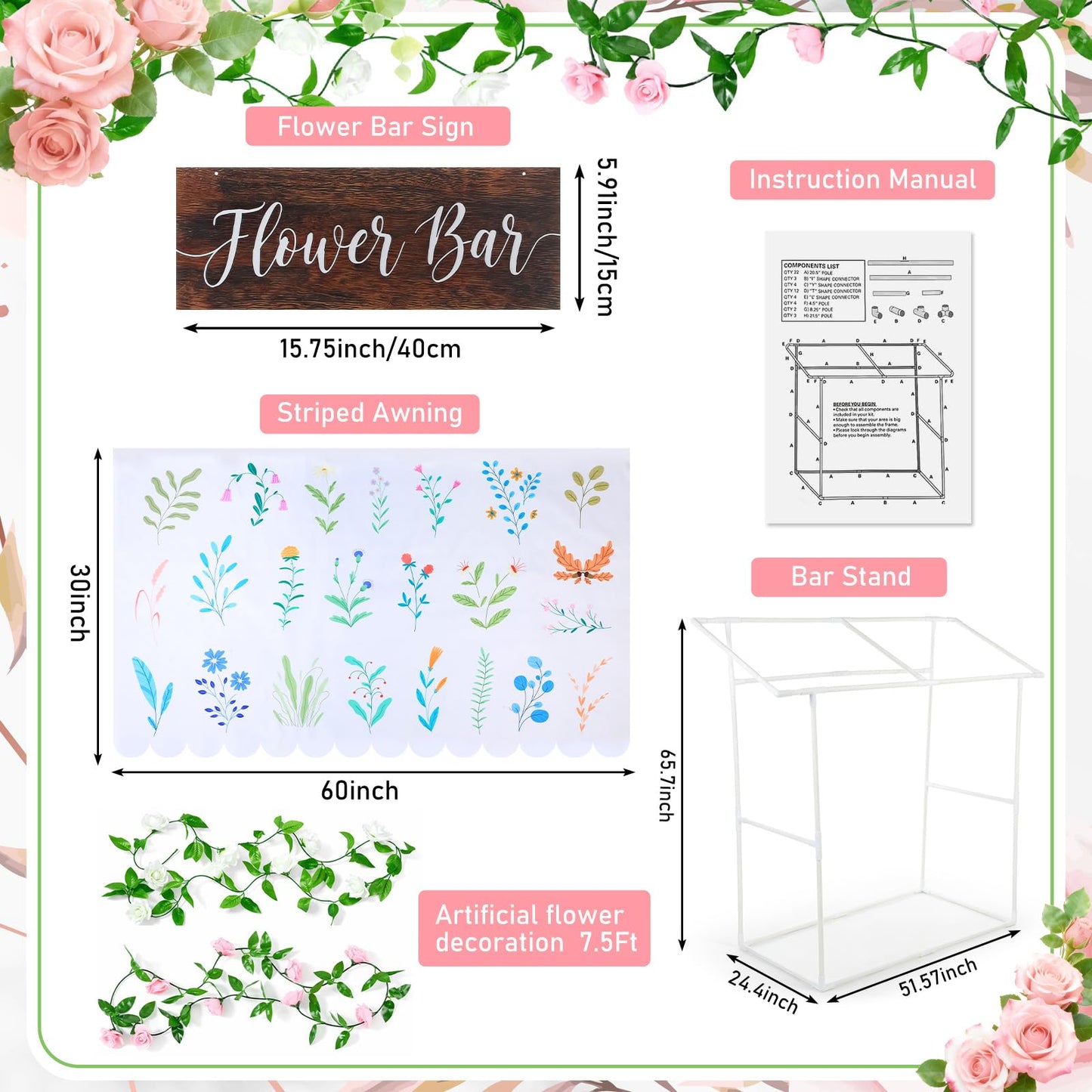Chunm 7 Pcs Flower Bar Stand Kit Flower Display Bloom Bar with 1 Set Plastic Stand 1 Floral Sunshade Cloth 4 Rose Tinsel 1 Wood Sign for Wedding Shop Floral Party Supplies Garden