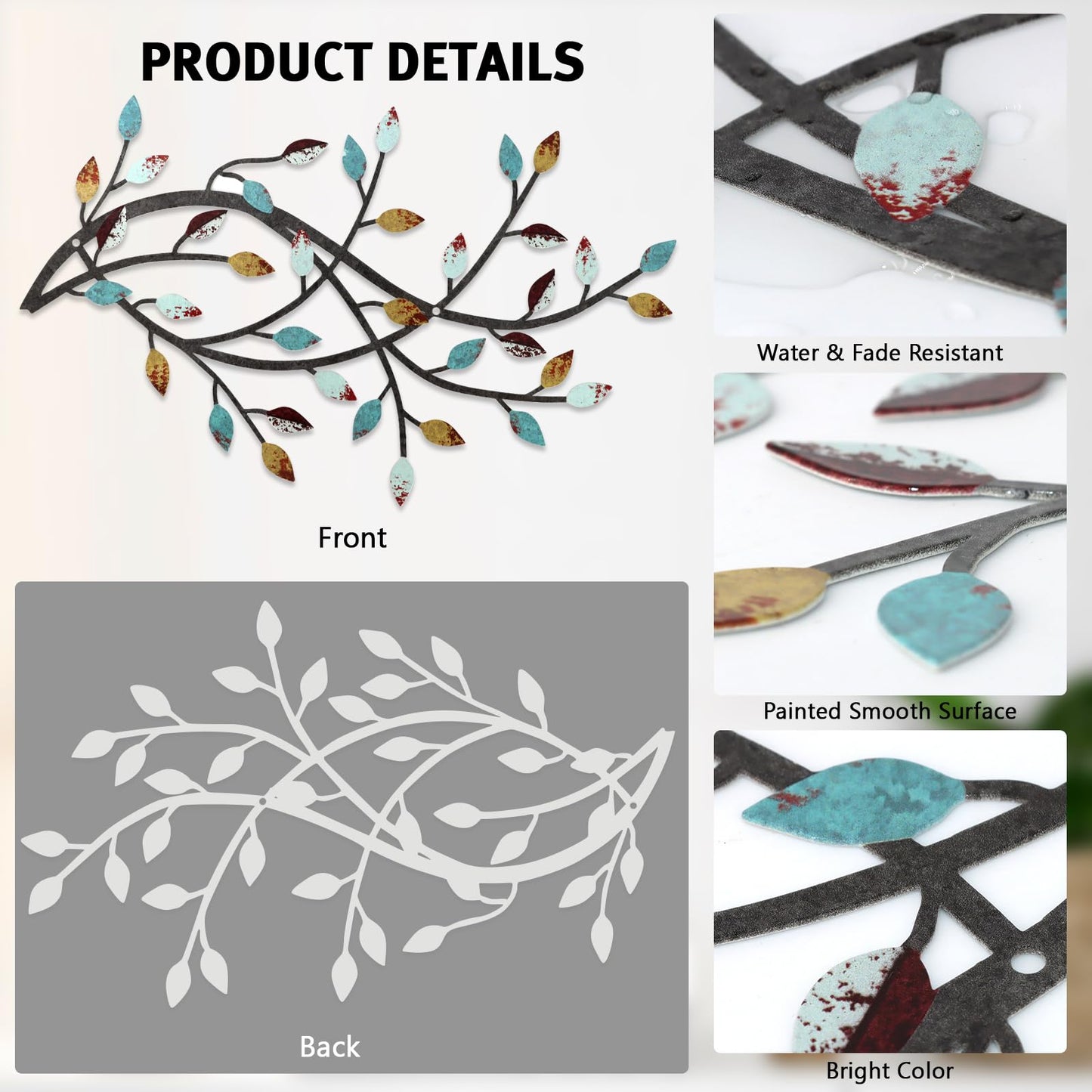 Meltset Metal Tree Leaf Wall Decor, Vine Olive Leaf Branch Wall Art, Wrought Iron Scroll Artwork, Decorative Wall Sculptures Above The Bed, Living Room, Hallway, Indoor and Outdoor（S/Farmhouse）