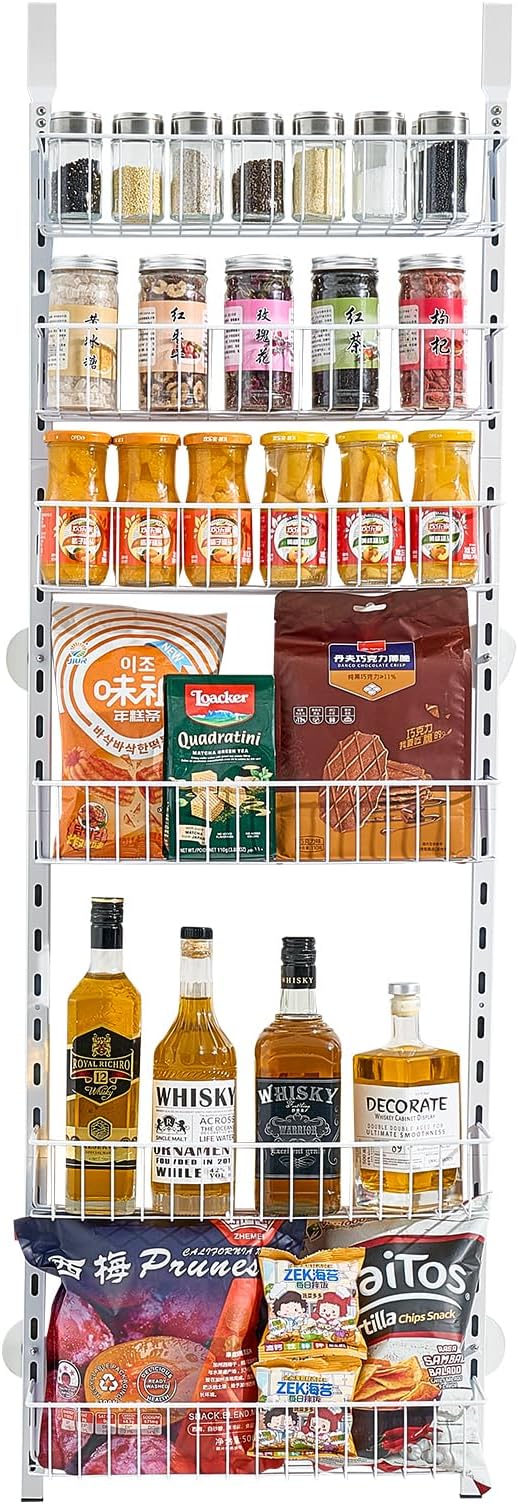 VEVOR Over the Door Pantry Organizer, 6-Tier Pantry Organization and Storage, Heavy-Duty Steel Hanging Spice Rack, Adjustable Wall Seasoning Shelves, for Home Kitchen Laundry Room Bathroom, White