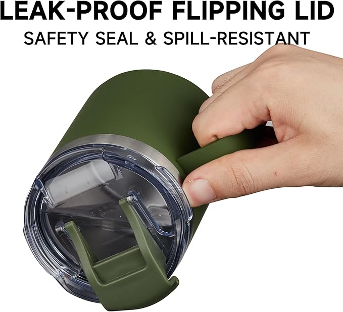 12oz Insulated Coffee Mug Cup with Handle, Stainless Steel Travel Coffee Mug with Flip Lid, Double Wall Vacuum Coffee Tumbler, ArmyGreen