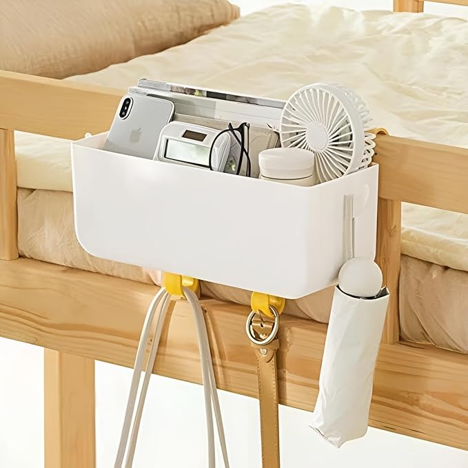 Bunk Bed Shelf for Top Bunk Plastic Bedside Shelf Accessories for Kids Bunk Bed Caddy with Hooks For Bed Rail, White, 11 lbs Capacity