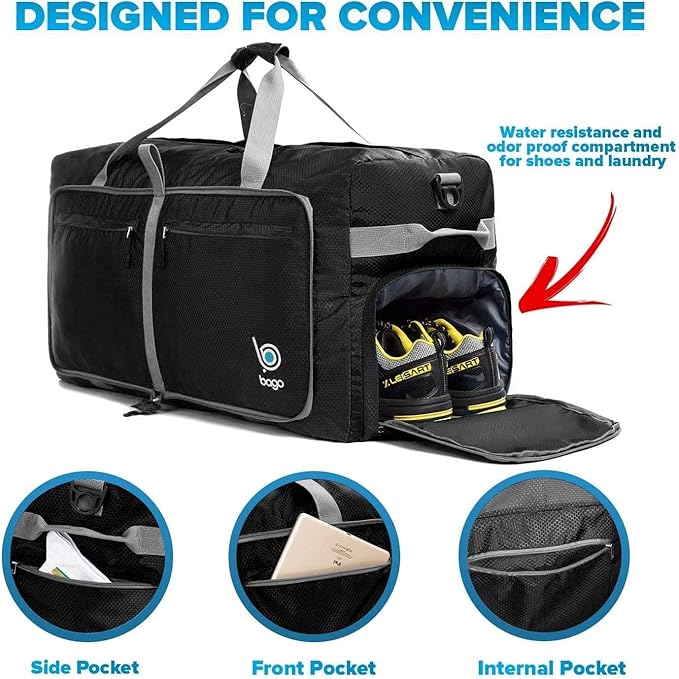 Bago Big XXL Foldable Duffel Bags for Traveling Women & Men - 140L Packable Duffle Bag for Travel with Shoe Compartment - Water Repellant, Heavy Duty, Lightweight Folding & Collapsible (Black)
