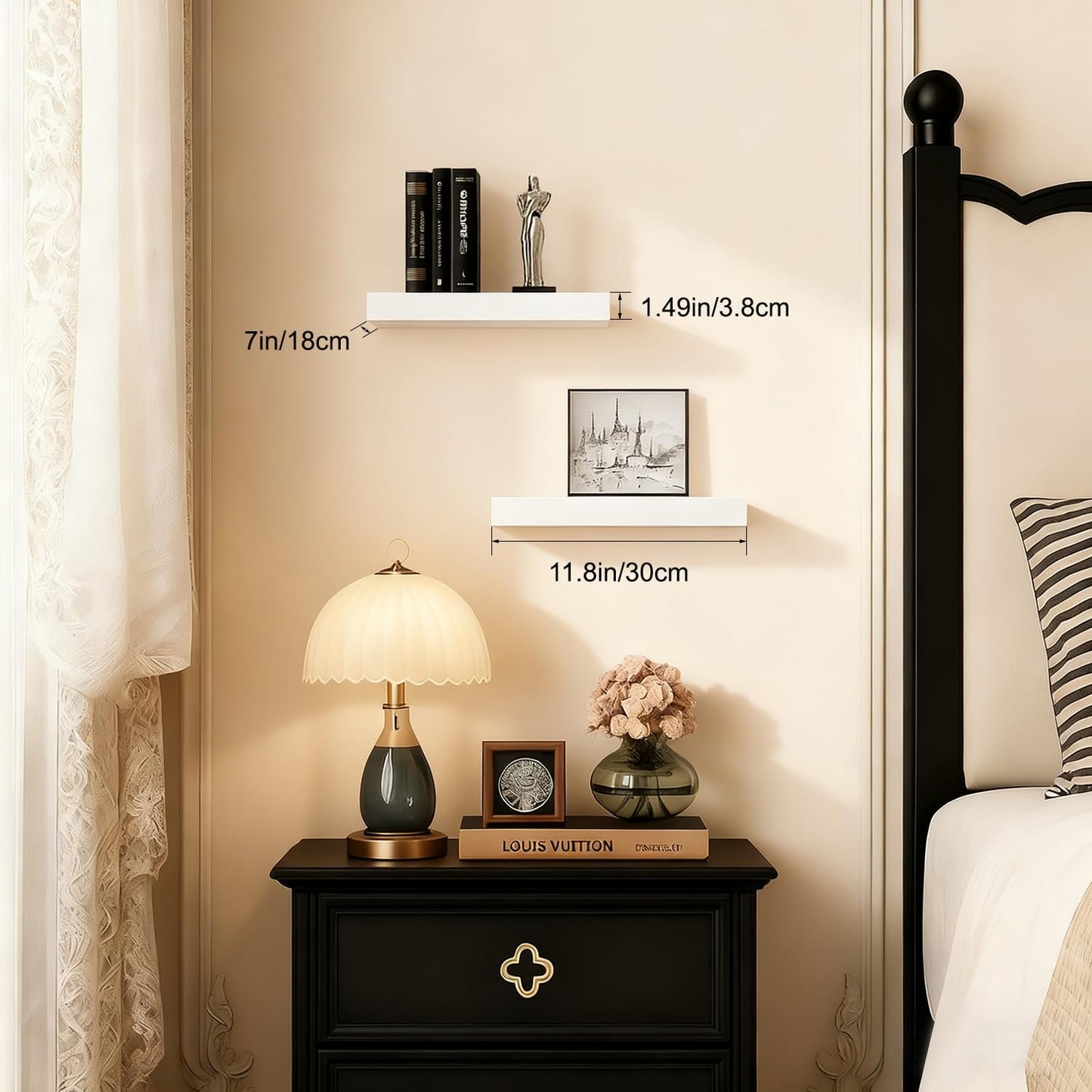 Mifurn Floating Shelves for Wall White Shelves Bathroom, Bedroom and Living Room, Wall Shelves & Book Shelf, Hanging Shelf, Modern Wooden Wall-Mounted Small Floating Shelf, 12x7x1.5 in, Set of 2