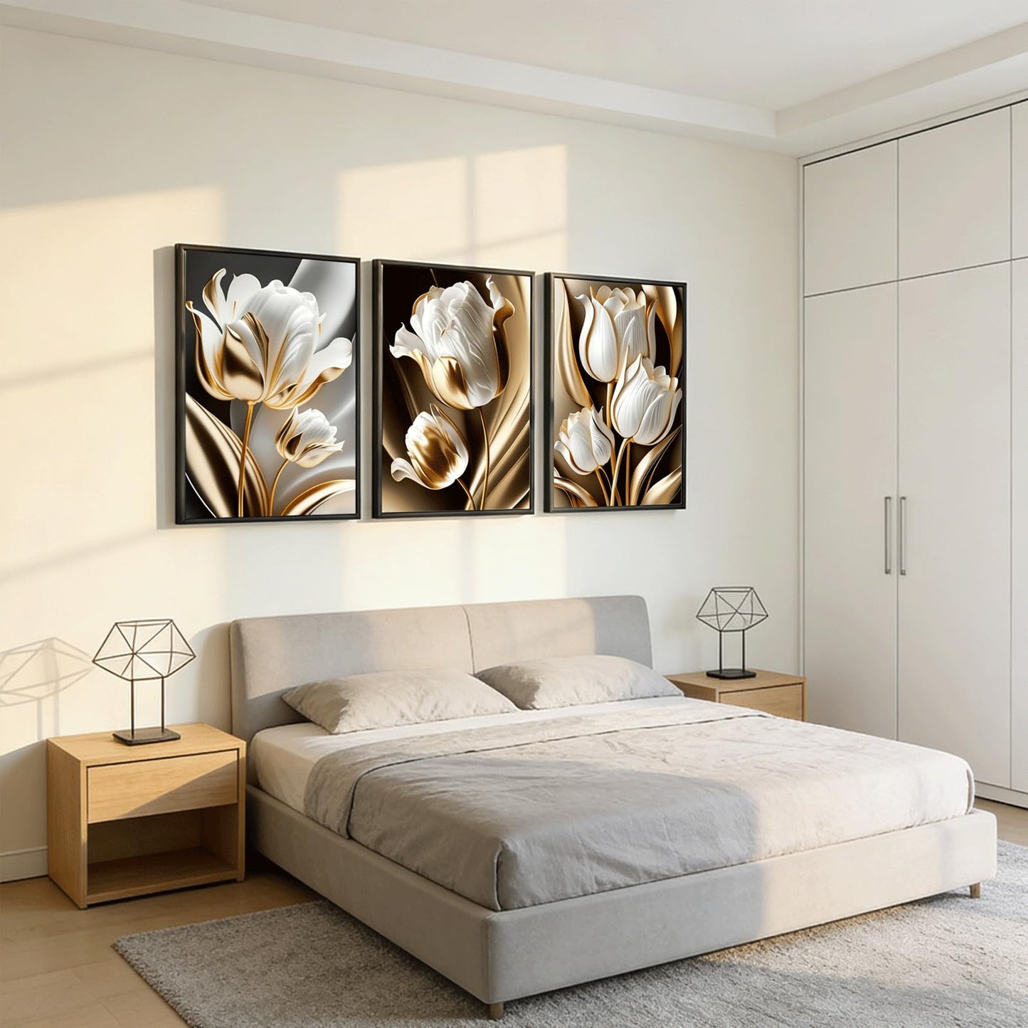 3Pcs Abstract White Gold Floral Wall Art Modern Luxury Minimalism Painting Pictures Wall Decor tulip Plants Posters Prints Artwork for Living Room Bedroom Office Home Decoration 12 x 16in unframed