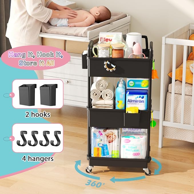 SUNALLY Baby Diaper Caddy Cart, 3 Tier Rolling Diaper Cart with Lockable Wheels for Nursery Essentials, Large Capacity & Easy Assemble Diaper Storage Organizer for Newborn,New Mom, Black