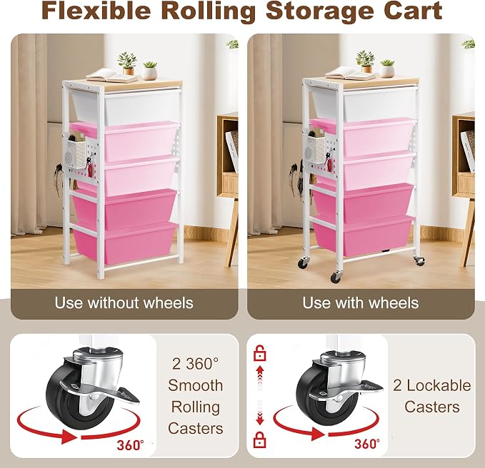 Rolling Cart with Drawers, Rolling Storage Cart with Large Plastic Drawers & Wooden Tabletop, Utility Cart with Pegboards & Basket, Storage Drawers Cart for Living Room, Classroom, Bedroom, Office