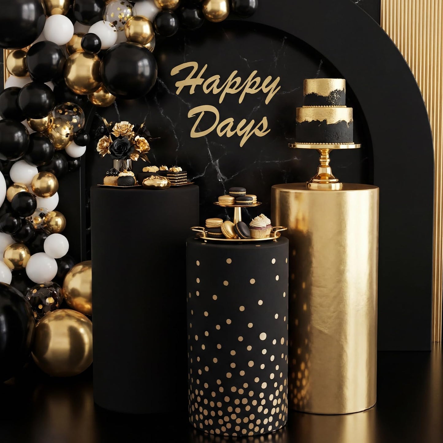 Tigeen 3 Pcs Cylinder Pedestal Stand Covers for Party Cylinder Pedestal Covers Decoration Elastic Pillars Plinth Display Cover for Birthday Wedding Baby Shower Table Decor(Classic,Gold and Black)